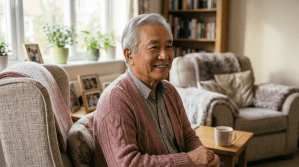 Smiling elderly woman sitting in a living room wearing a pink cardigan