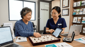 Audiologist showing various hearing aids to an elderly woman at a consultation table